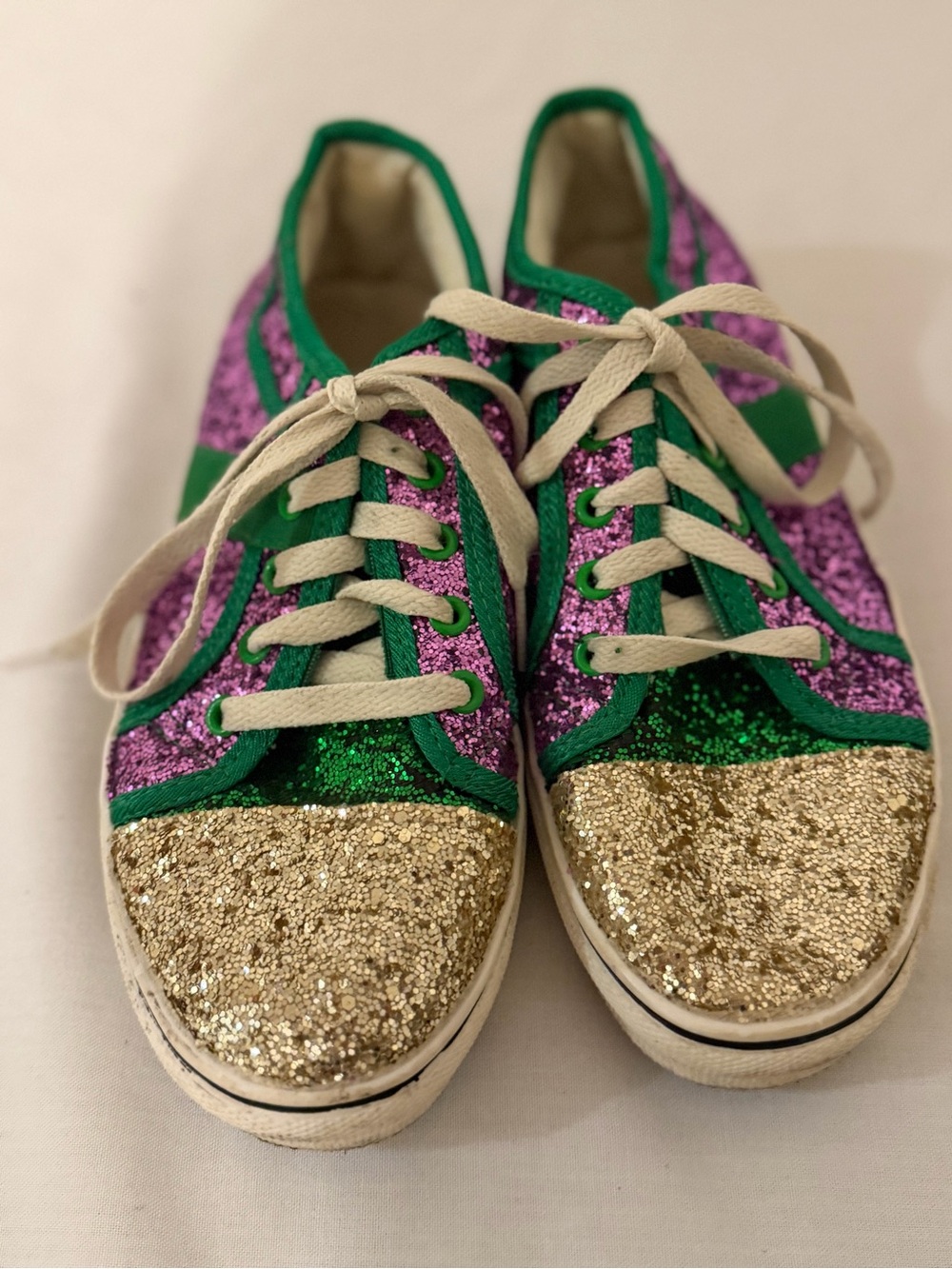 Mardi Gras Glitter Patchwork Low-Top Sneakers in Purple, Green & Gold